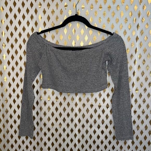 Grey knit sweater crop top off shoulder size S - Picture 1 of 4